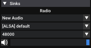 A screenshot of a computer audio settings menu showing 'Sinks' with 'Radio' selected, and options including 'New Audio'…