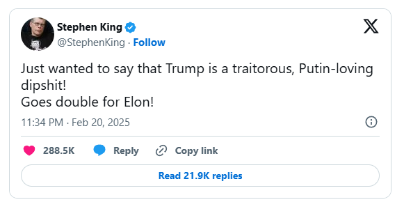 A screenshot of a tweet from Stephen King's verified Twitter account, showing his profile picture and the text: 'Just wanted…