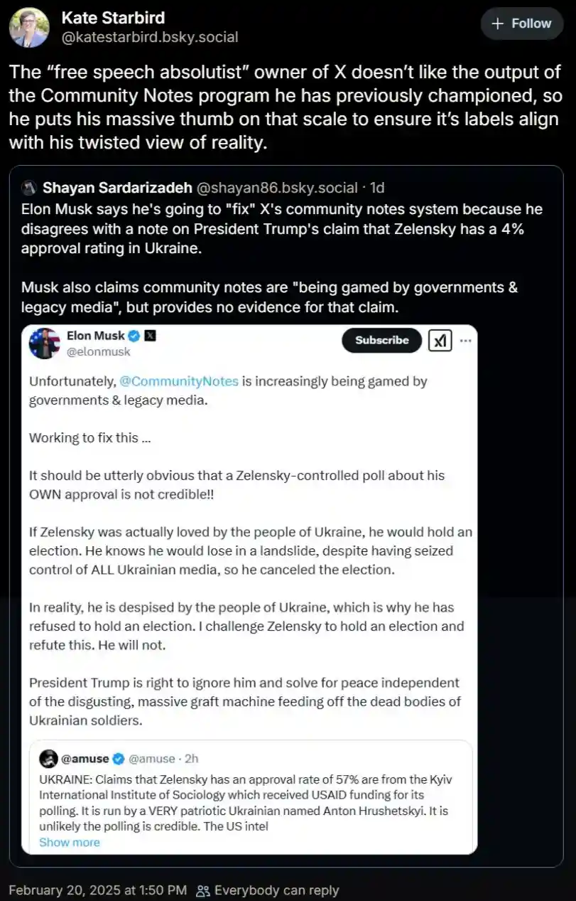 A screenshot of a social media thread showing Elon Musk's tweet criticizing Community Notes for being 'gamed by governments…