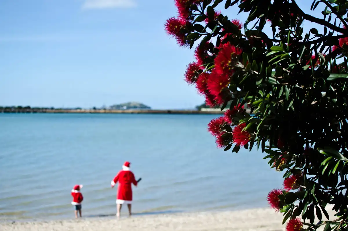 A blurry photo shows two figures in full red Santa Claus outfits standing at the edge of a beach, facing the water under a…