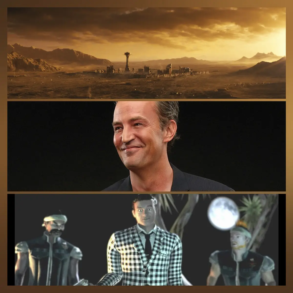 The image is a three-panel meme. The top panel shows a desert landscape with a futuristic city and a tall tower under a…