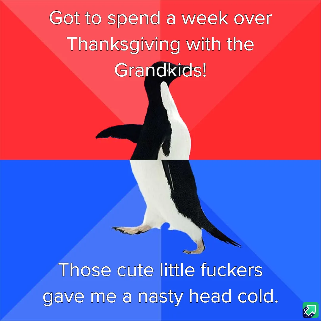 A penguin stands in the center of the image, split by a horizontal line, against a red top half and blue bottom half. The…