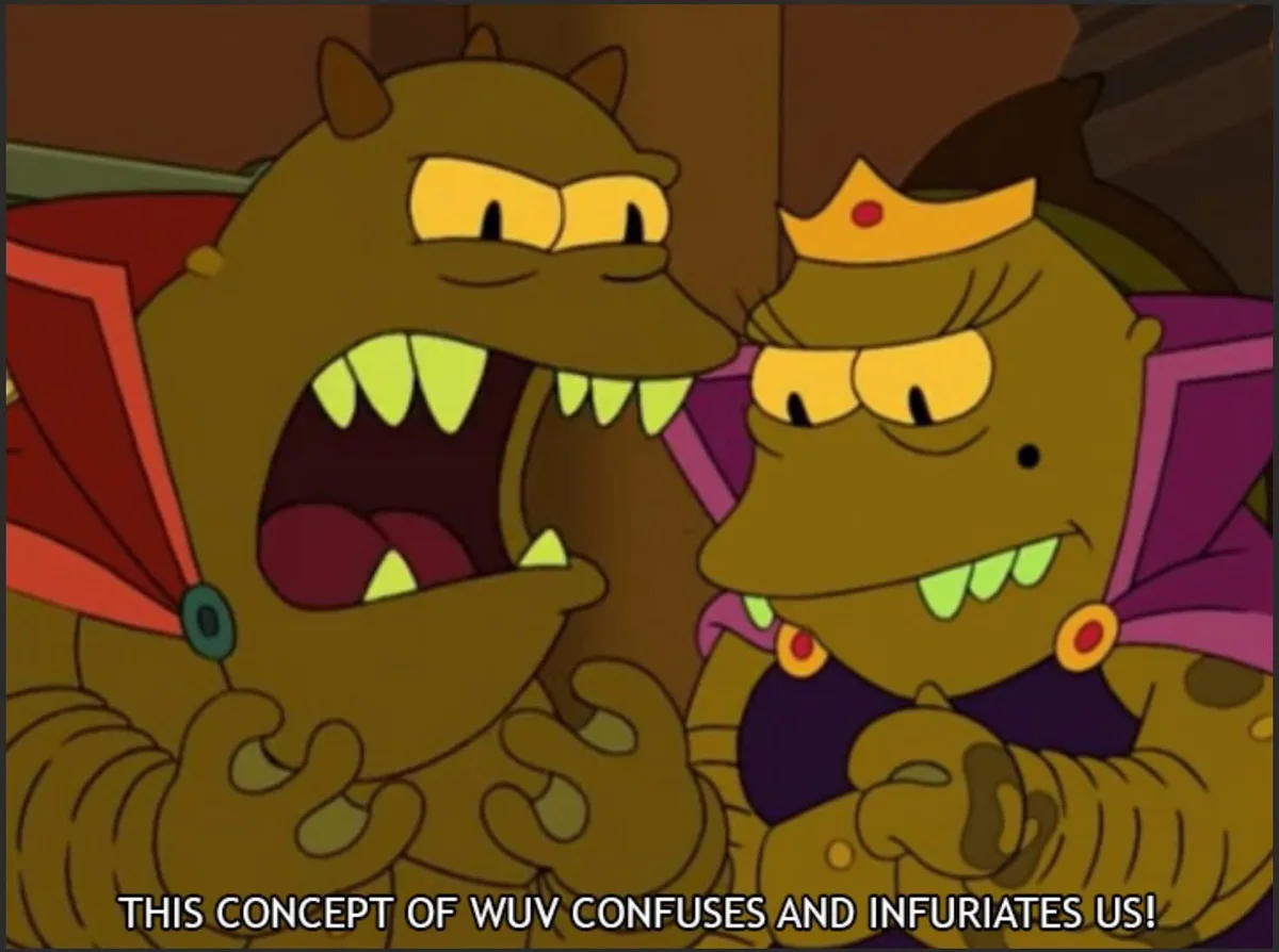 Two green, reptilian cartoon characters, one with a crown and the other with red wings, are shown with angry expressions…