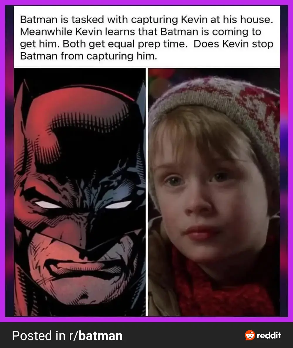 The image is split into two panels: the left shows a comic book illustration of Batman with a determined, intense…