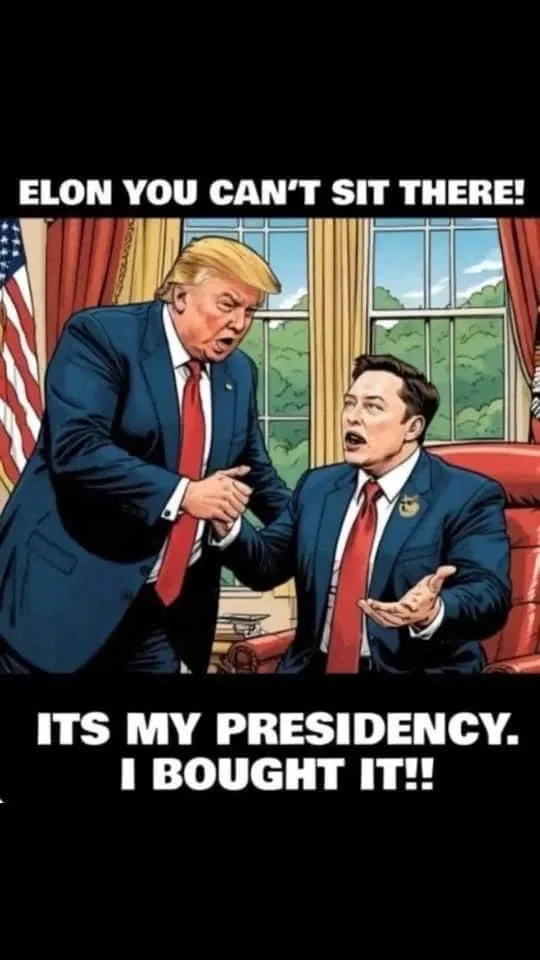 A cartoon image shows Donald Trump standing and yelling at Elon Musk, who is seated in a red presidential chair. Trump…