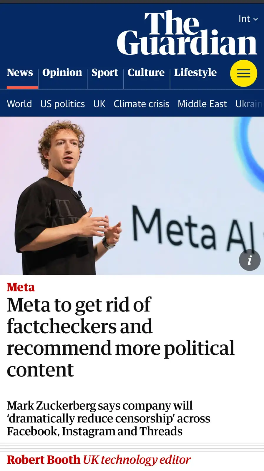 A screenshot of The Guardian's news article featuring Mark Zuckerberg speaking at a Meta event, with the headline 'Meta to…