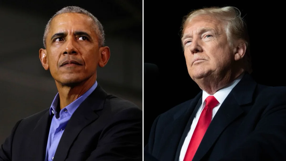 The image is a side-by-side split of former U.S. President Barack Obama on the left and former U.S. President Donald Trump…