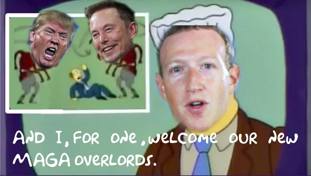 The image features a large photo of Mark Zuckerberg wearing a chef's hat, with a smaller inset image showing Donald Trump…