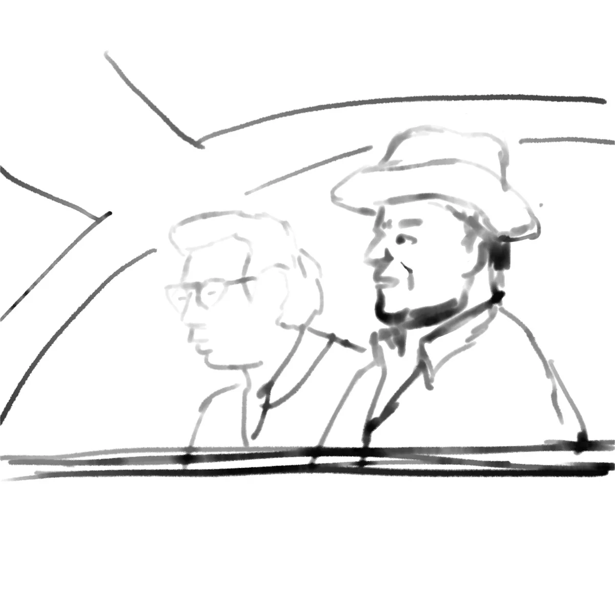 A sketch-style drawing shows two men sitting side-by-side in a car, viewed from the front. The man on the left wears glasses…