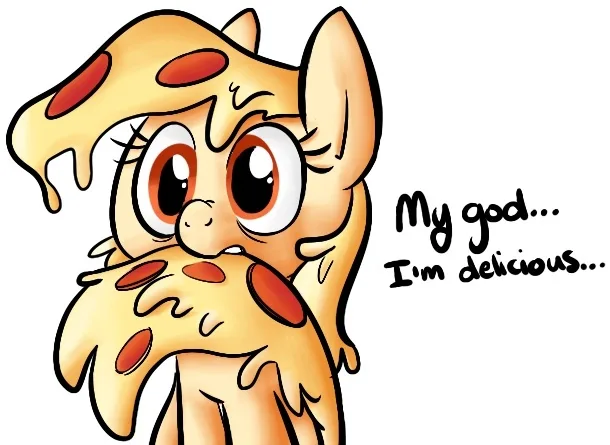 A cartoon pony with a pizza crust for a head and body, covered in melted cheese and pepperoni, is staring with wide eyes…