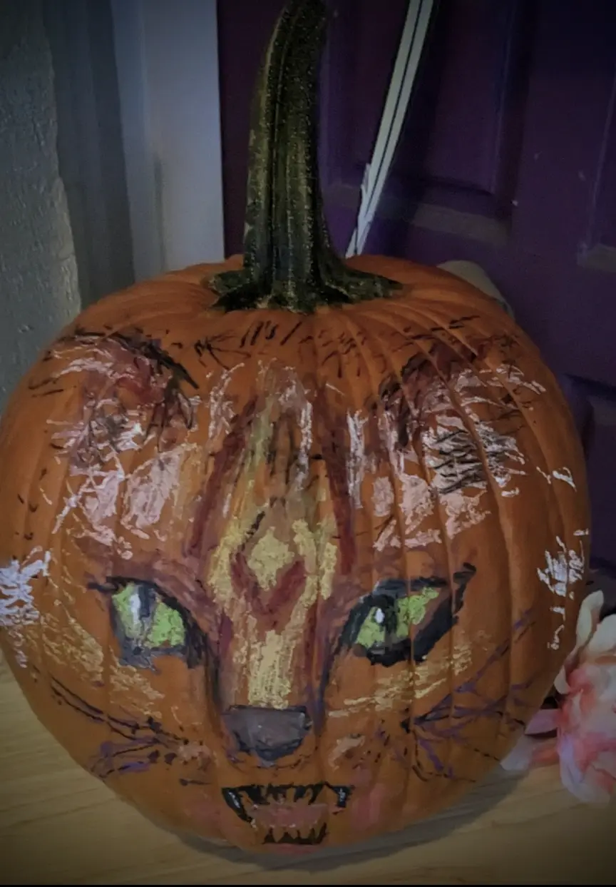 A hand-painted orange pumpkin with a crude, childlike drawing of a tiger's face, featuring green eyes, a snarling mouth, and…
