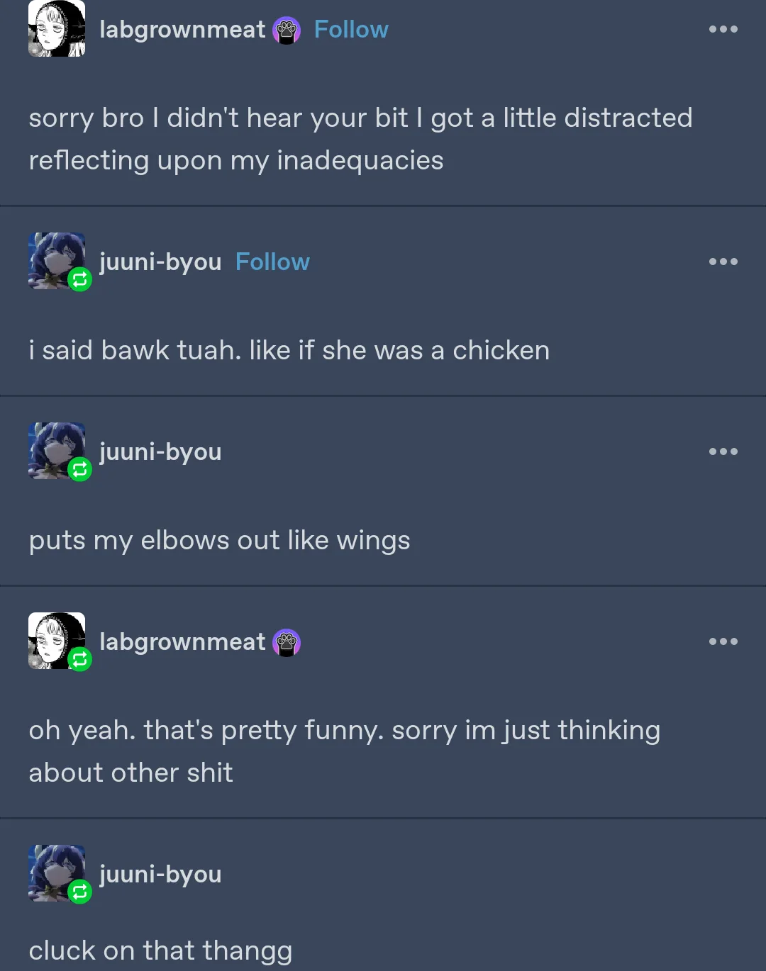 A screenshot of a Discord chat between two users, 'labgrownmeat' and 'juuni-byou', where 'labgrownmeat' apologizes for not…