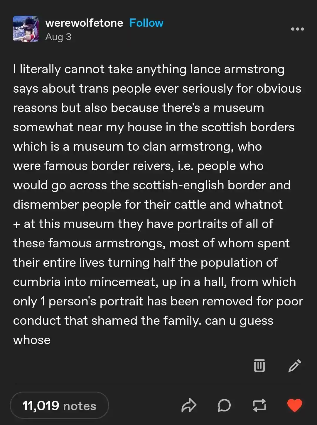 The image is a screenshot of a Tumblr post by user 'werewolftone' dated August 3. The post contains a long text explaining…
