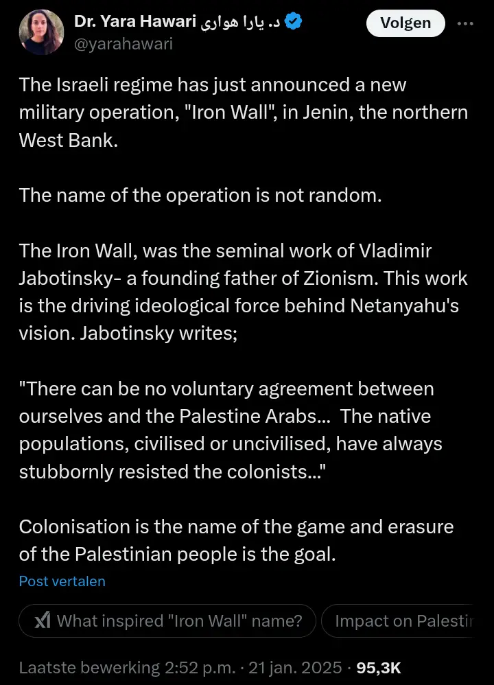 A screenshot of a tweet by Dr. Yara Hawari detailing the Israeli military operation 'Iron Wall' in Jenin, linking its name…
