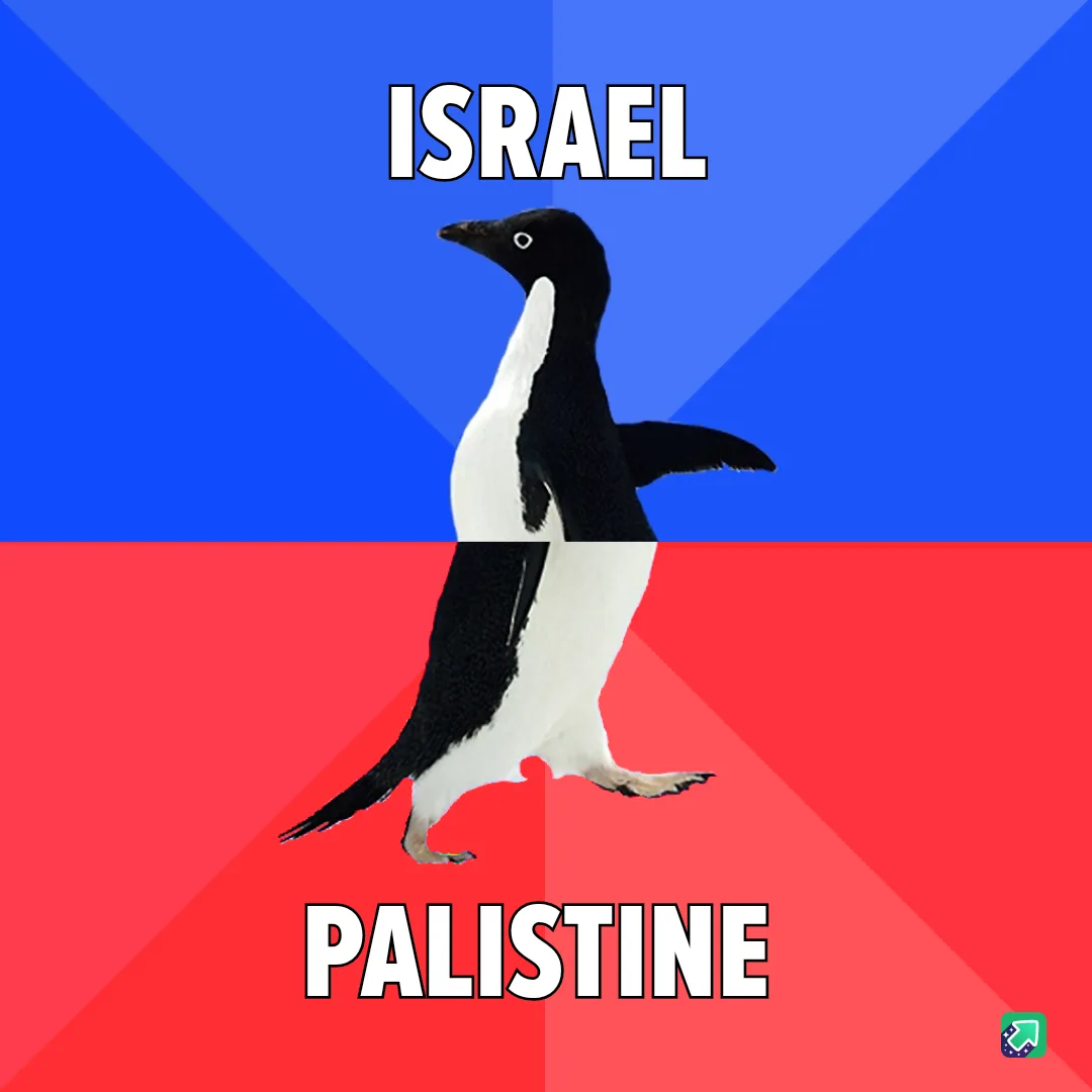 A penguin is split vertically down the middle, with the top half against a blue background labeled 'ISRAEL' and the bottom…