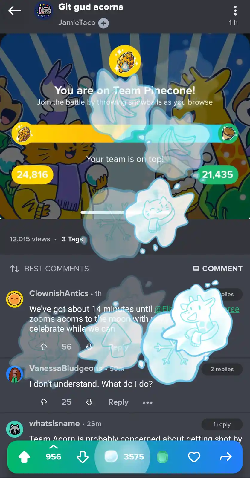 A screenshot of a social media post showing a game interface where the user is on 'Team Pinecone' with 24,816 points…