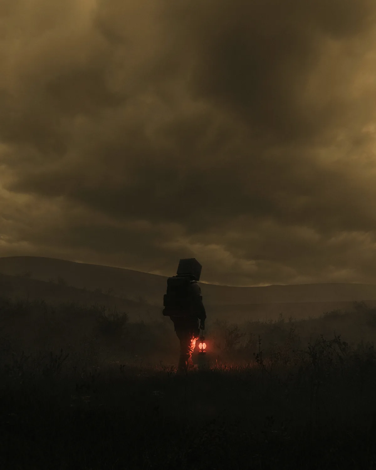 A lone figure walks through a dark, misty field under a gloomy sky, carrying a glowing lantern and wearing a large, boxy…