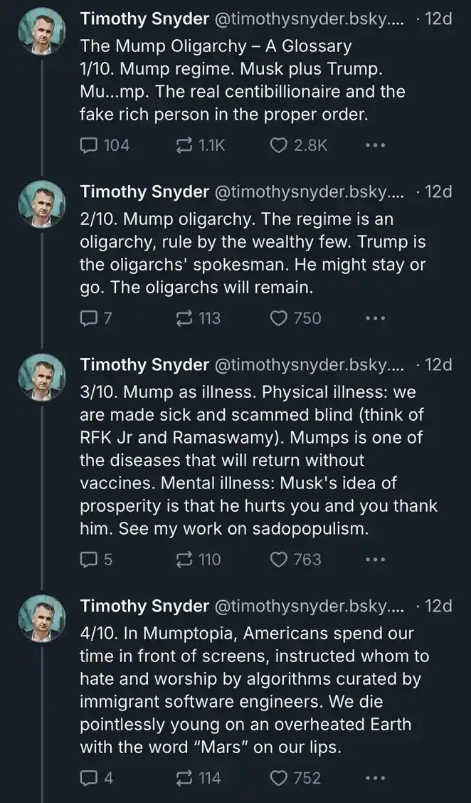 A screenshot of four consecutive posts from Timothy Snyder's Bluesky account, each labeled 1/10 through 4/10, collectively…