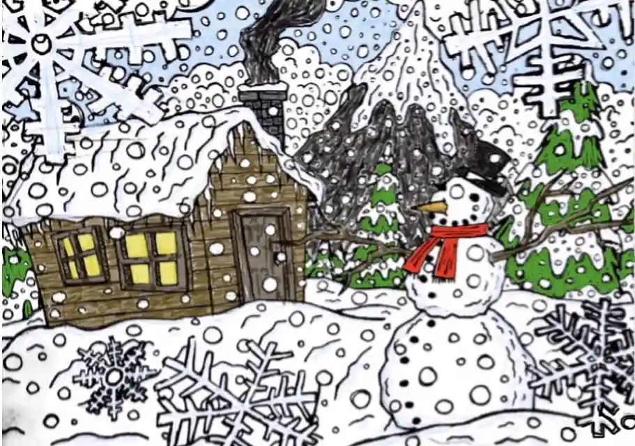 A child's drawing depicts a cozy winter scene with a snow-covered cabin featuring warm yellow windows, a snowman with a red…