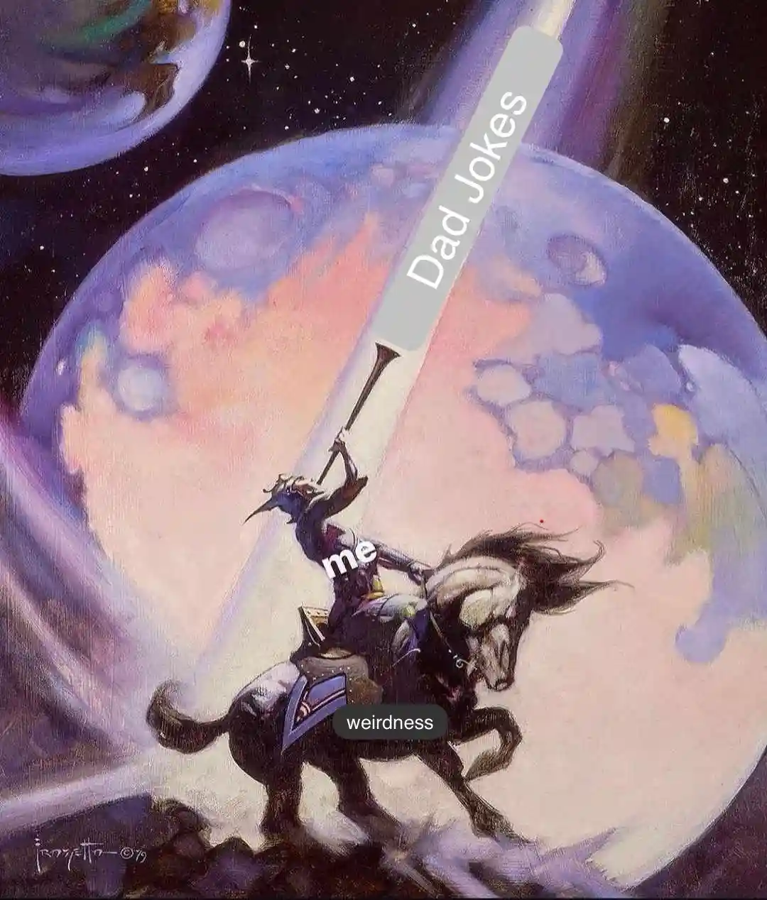 A fantasy painting depicts a knight on a horse charging across a cosmic landscape with planets and stars. The knight…