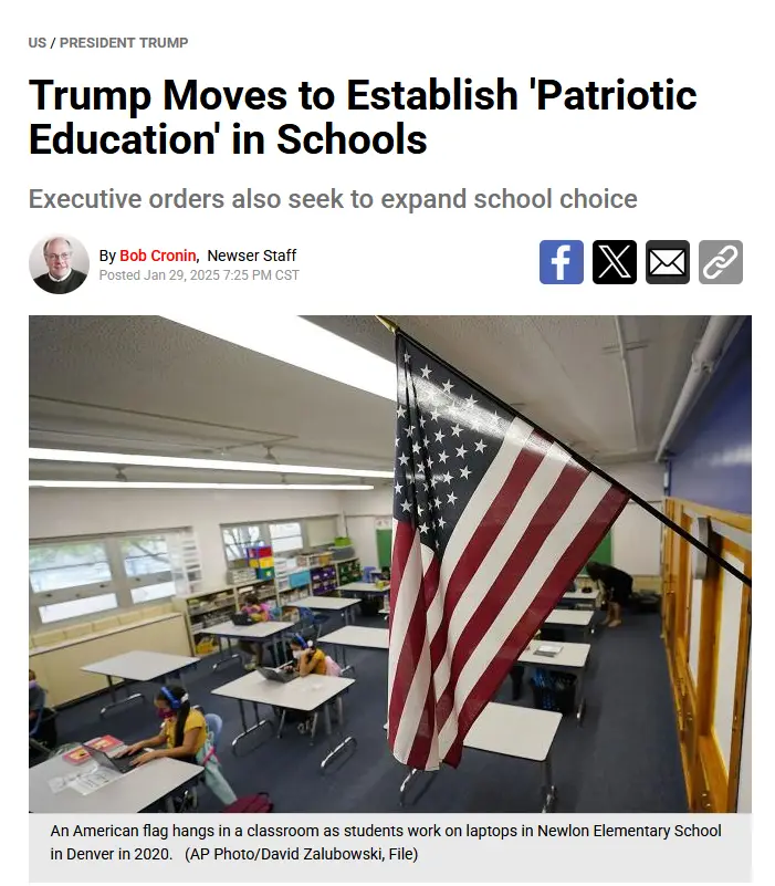 A news article screenshot with a headline about Trump establishing 'Patriotic Education' in schools, overlaid on a photo of…