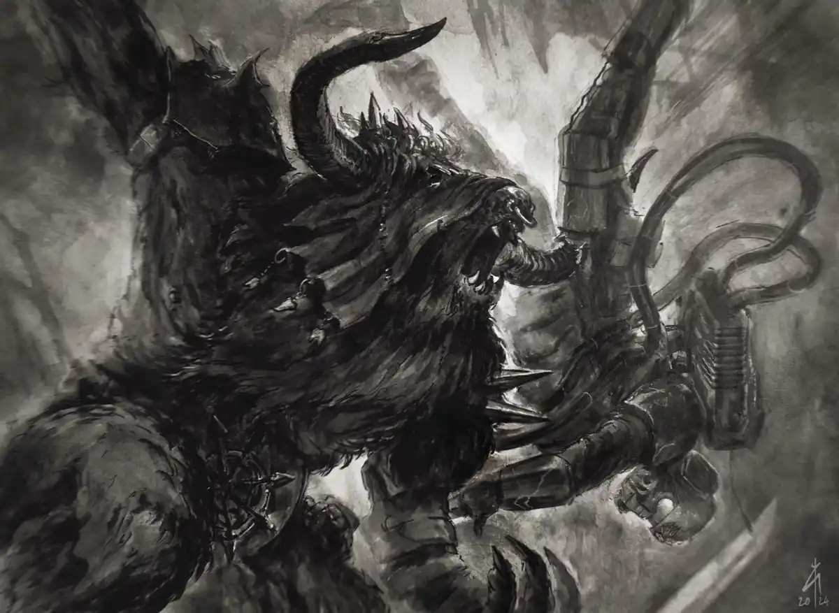 A dramatic black-and-white illustration depicts a monstrous, horned, demonic creature with a long, curved horn and spiked…