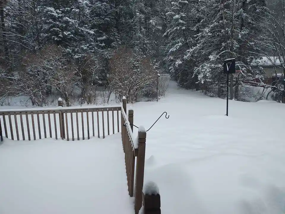 A snowy backyard scene with a wooden fence in the foreground and a basketball hoop in the distance, both covered in snow…