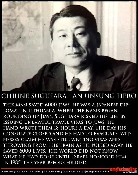 A black-and-white portrait of Chiune Sugihara, a Japanese diplomat, overlaid with text describing how he saved 6,000 Jews…