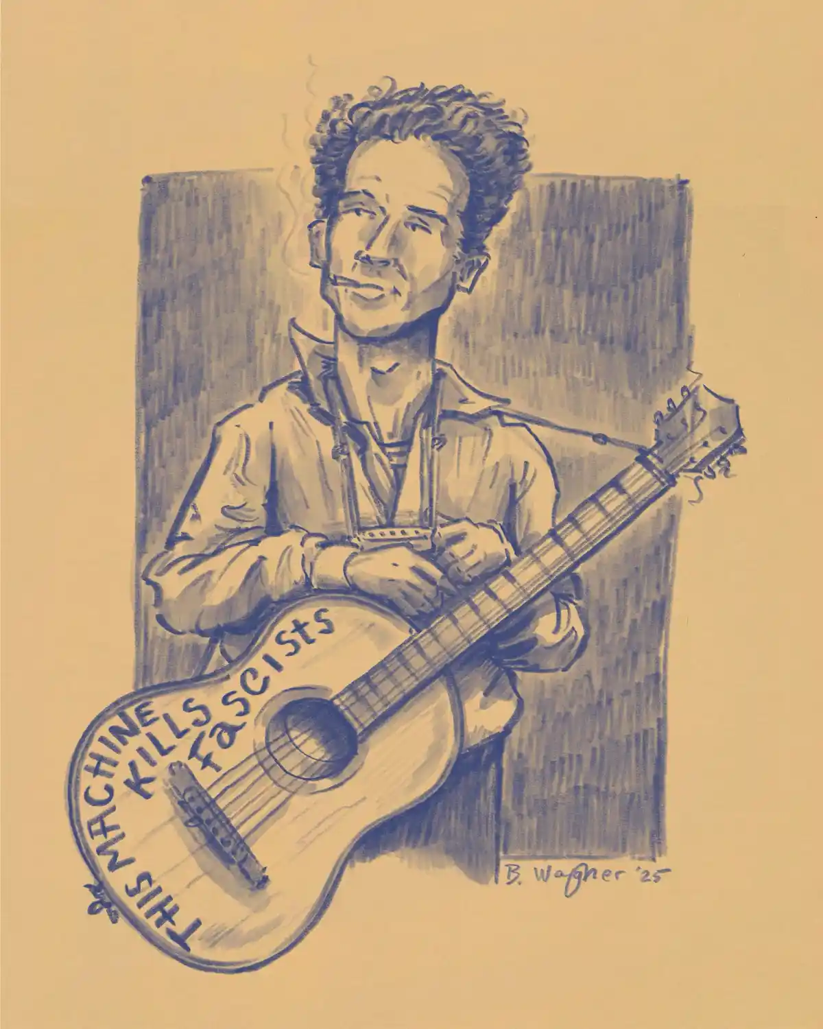 A blue ink sketch shows a man with curly hair sitting and playing an acoustic guitar. The guitar's body has the text 'THIS…