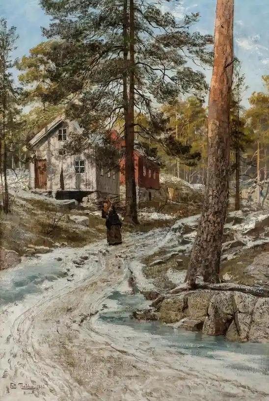 A vintage painting by Frit Thaulow from 1882 depicts a woman in dark clothing walking along a snowy, partially frozen path…