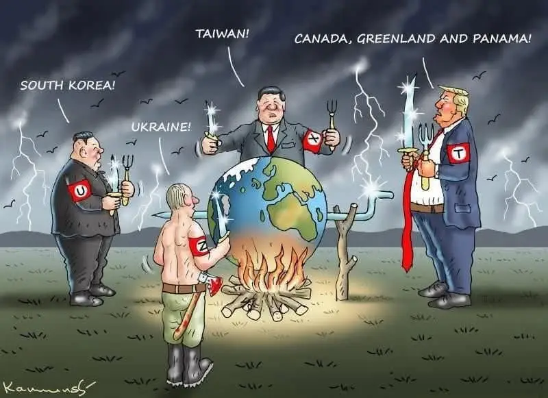 A cartoon depicts four male figures around a campfire with a globe on a spit, each holding a fork and wearing armbands with…