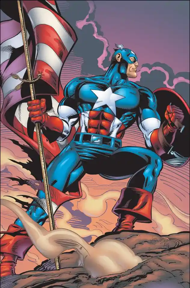 A comic book illustration of Captain America in his classic blue, white, and red costume, standing heroically on a rocky…