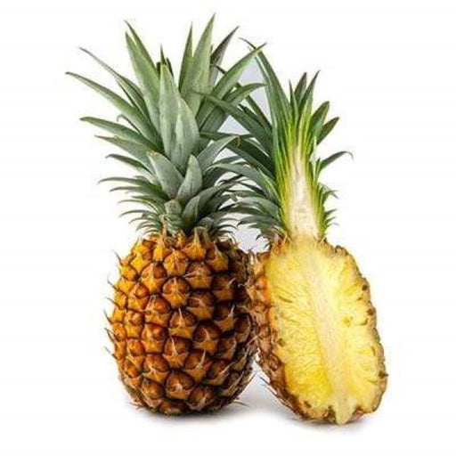 A whole pineapple and a halved pineapple are shown side by side against a plain white background. The halved pineapple…