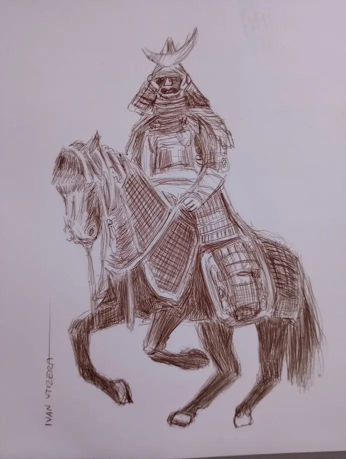 A hand-drawn sketch in brown ink depicts a samurai warrior in full traditional armor mounted on a horse also armored with…