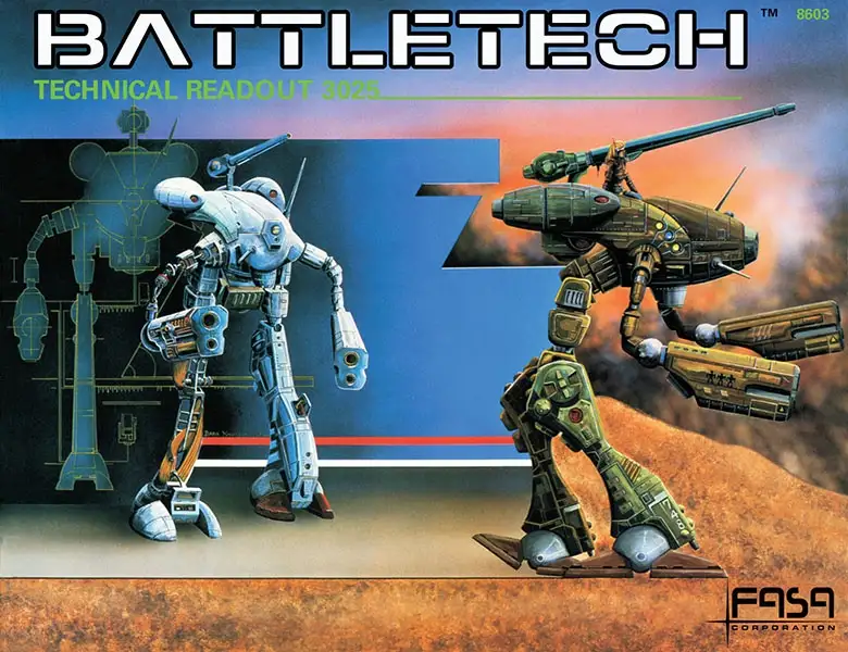 The image is a cover for 'BattleTech Technical Readout 3025' featuring two large, detailed mechs: a light blue one on the…