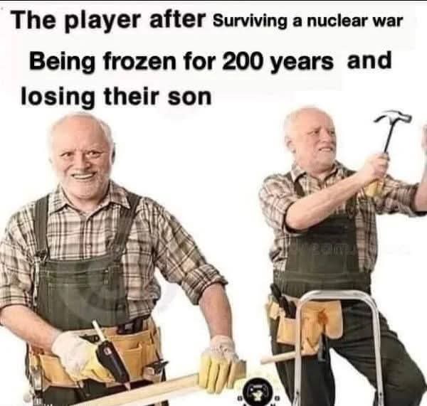 The image shows two side-by-side photos of the same elderly man in work overalls and gloves. In the left photo, he smiles…