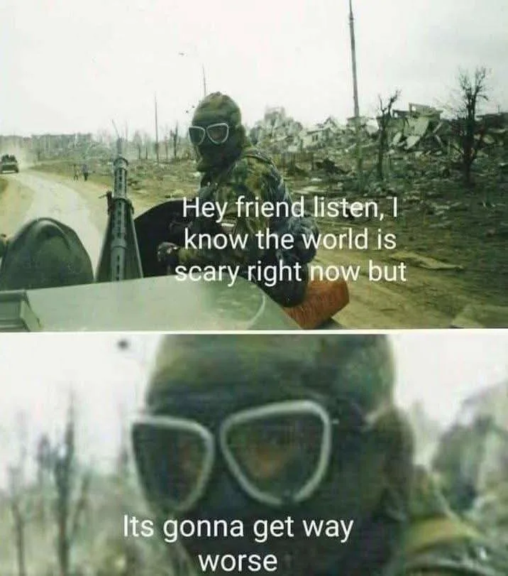 A two-panel image shows a soldier in camouflage and goggles in a war-torn, rubble-strewn landscape. In the top panel, the…