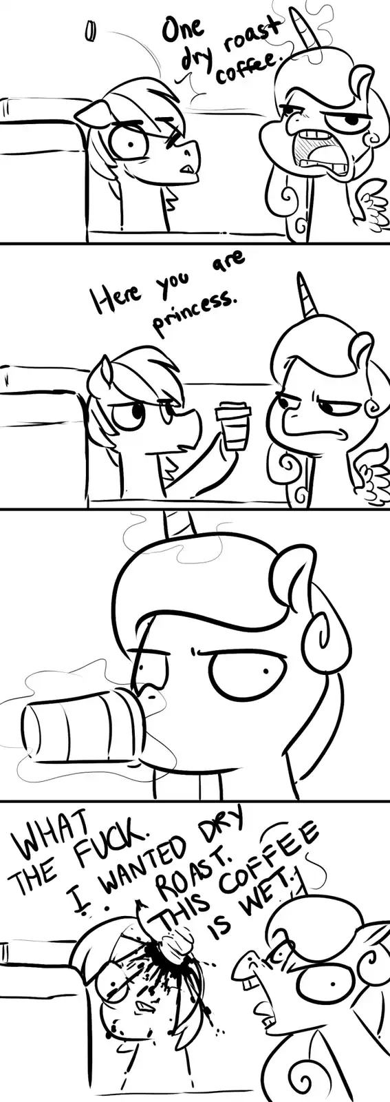 A four-panel comic strip featuring two stylized pony characters. In the first panel, one pony angrily demands 'One dry roast…