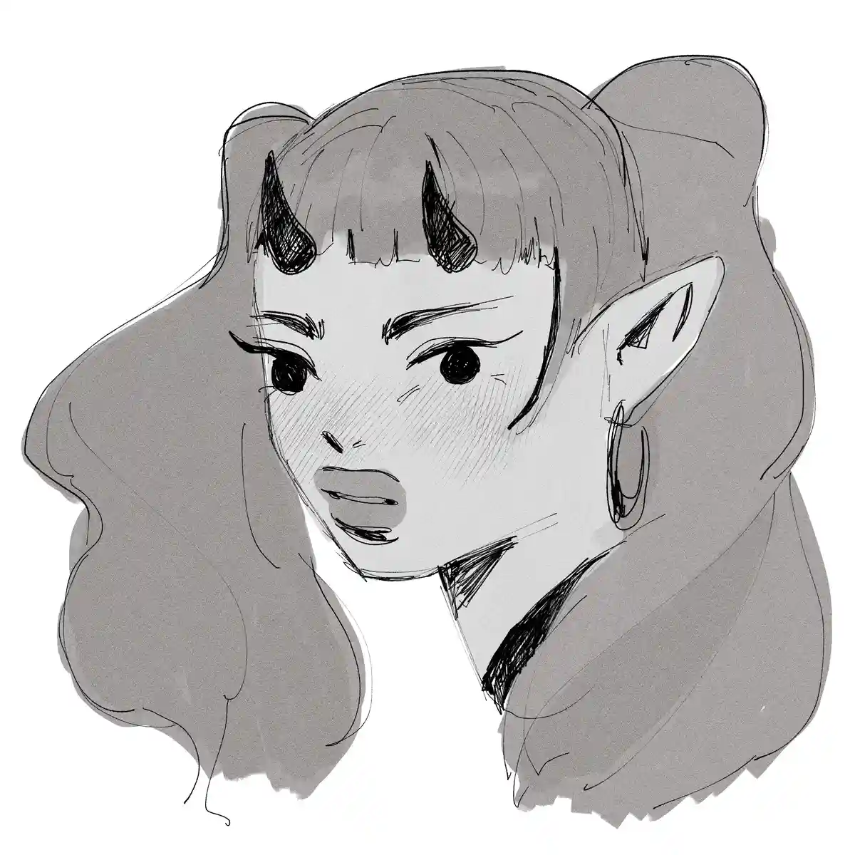 A grayscale sketch of a young woman with long hair, small horns on her forehead, and pointed elf-like ears, looking slightly…