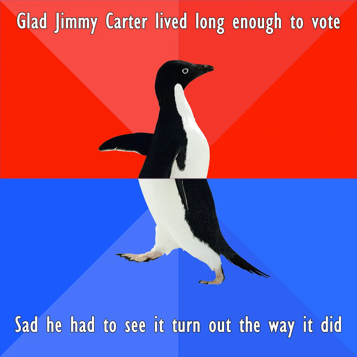 A penguin walks across a red and blue background split diagonally. The top red section has text reading 'Glad Jimmy Carter…