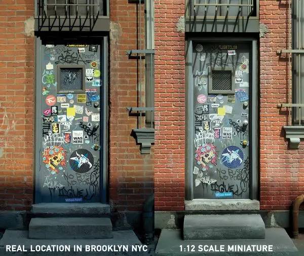 Two adjacent brick building doors, both covered in stickers and graffiti, are shown side-by-side. The left door is labeled…