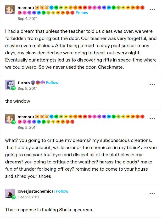 A screenshot of a Reddit thread shows user 'mamoru' describing a dream where their class escapes a strict teacher by…