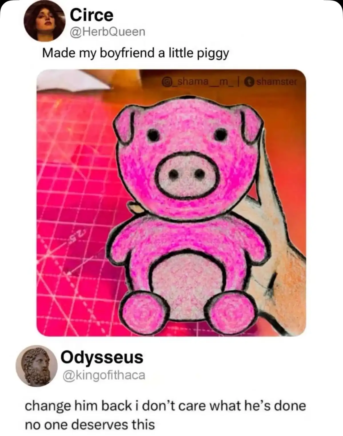 A screenshot of a social media thread shows a user named Circe posting a photo of a crudely drawn pink pig plushie she made…