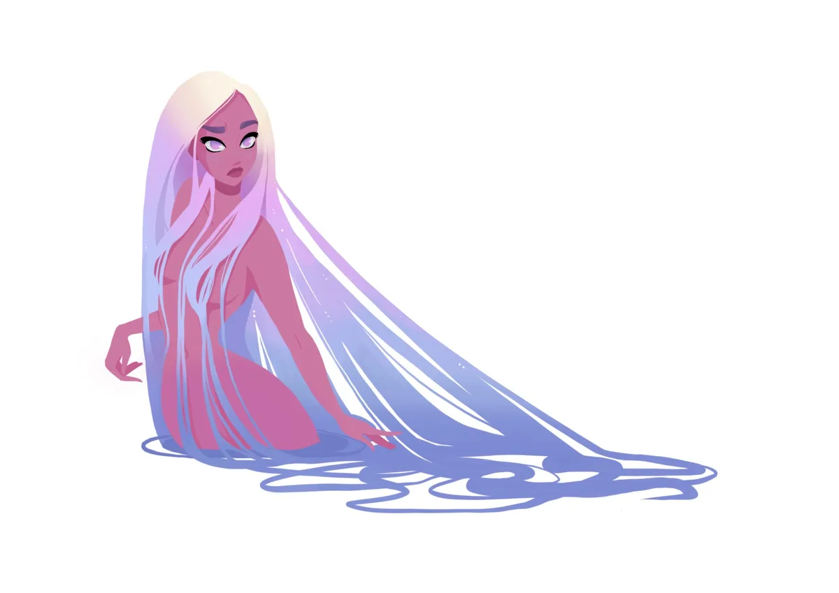 An illustrated woman with long, flowing pink and blue hair sits in a puddle of liquid that matches her hair color, looking…