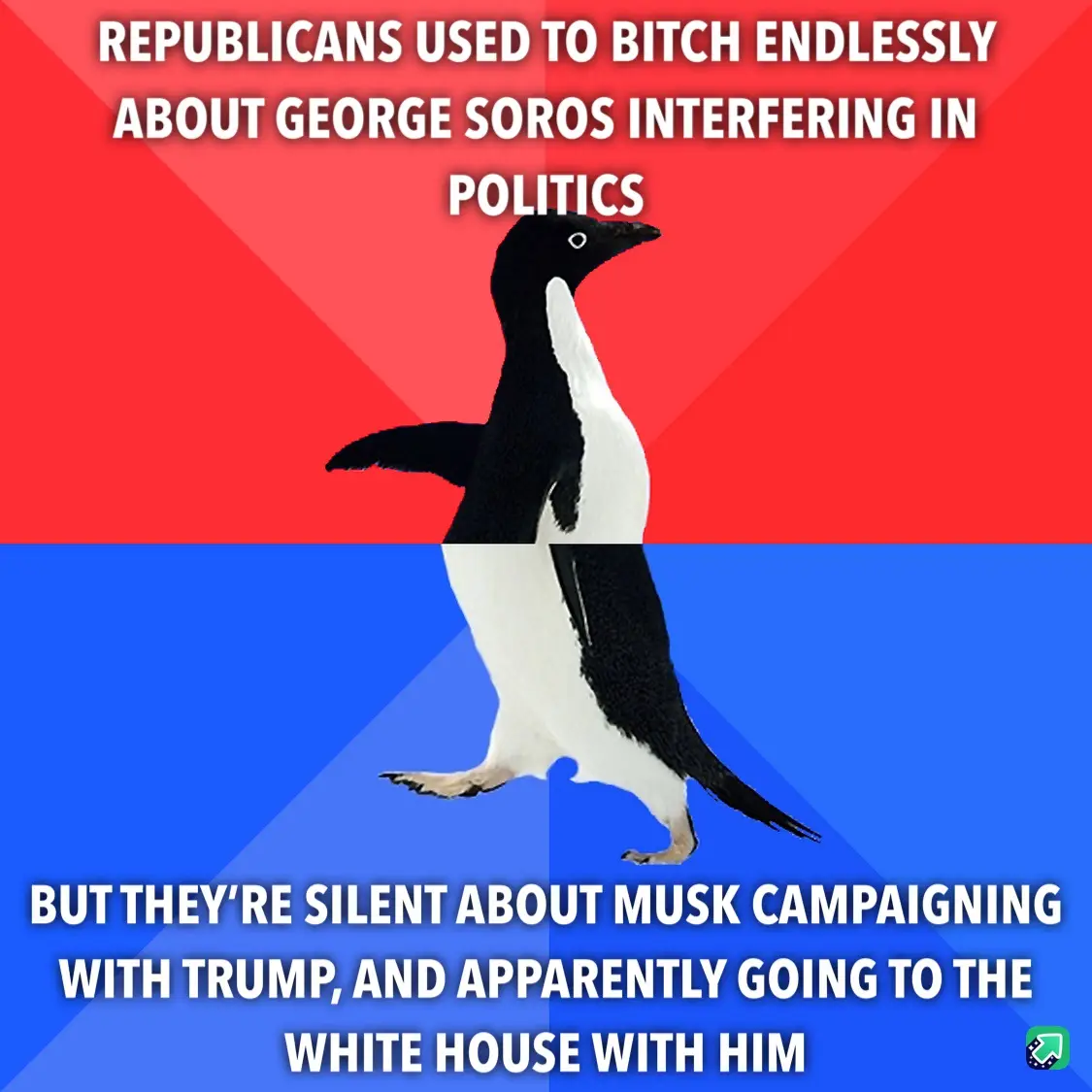 A penguin stands centered against a red and blue background, split horizontally. White bold text at the top reads…