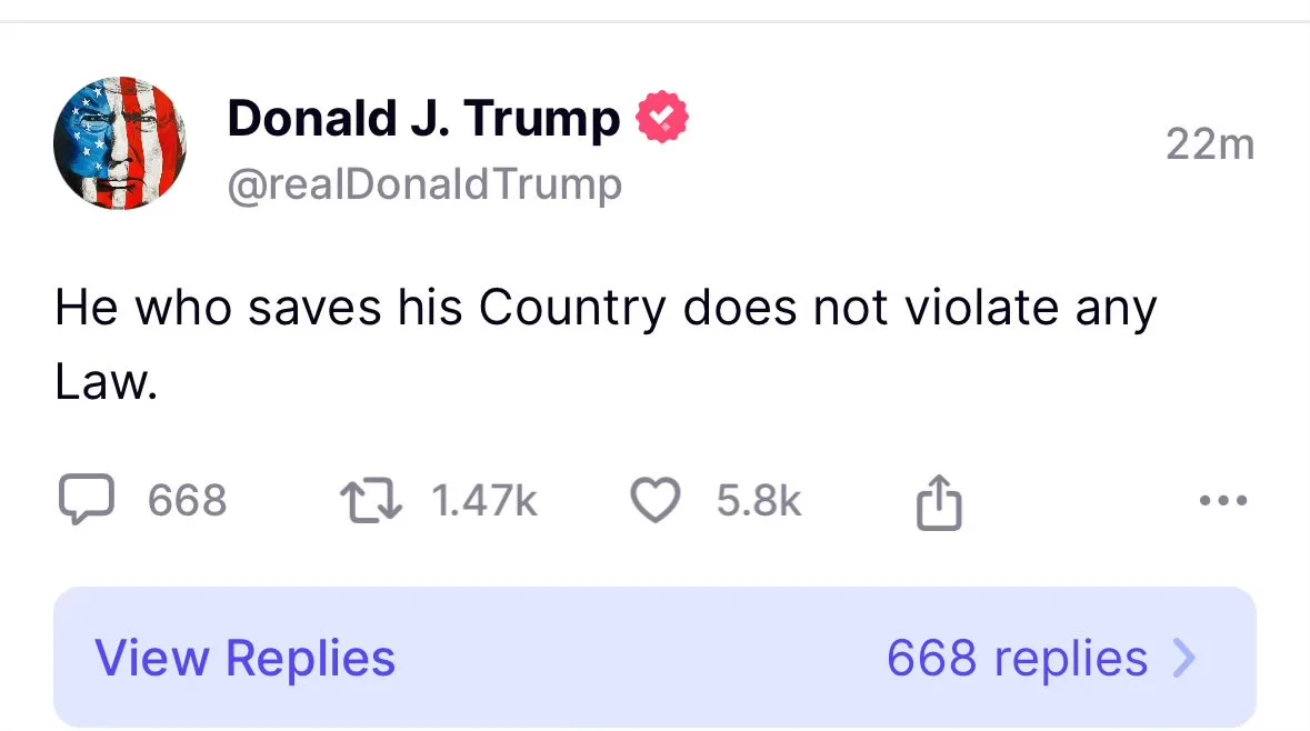 A screenshot of a tweet from Donald J. Trump's verified Twitter account, showing his profile picture with an American flag…