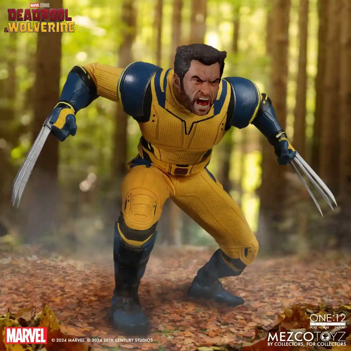 A collectible action figure of Wolverine, dressed in his yellow and blue suit with claws extended, is posed aggressively in…