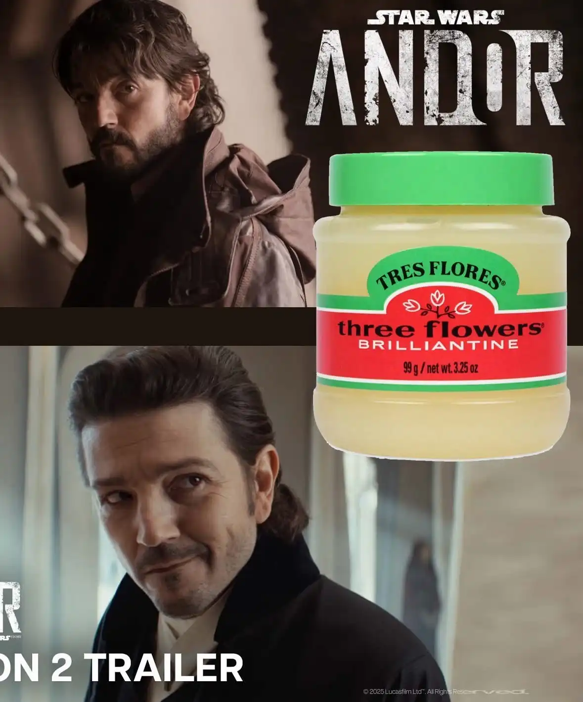 The image is a split-screen meme featuring actor Diego Luna as the character Cassian Andor from the Star Wars series. The…