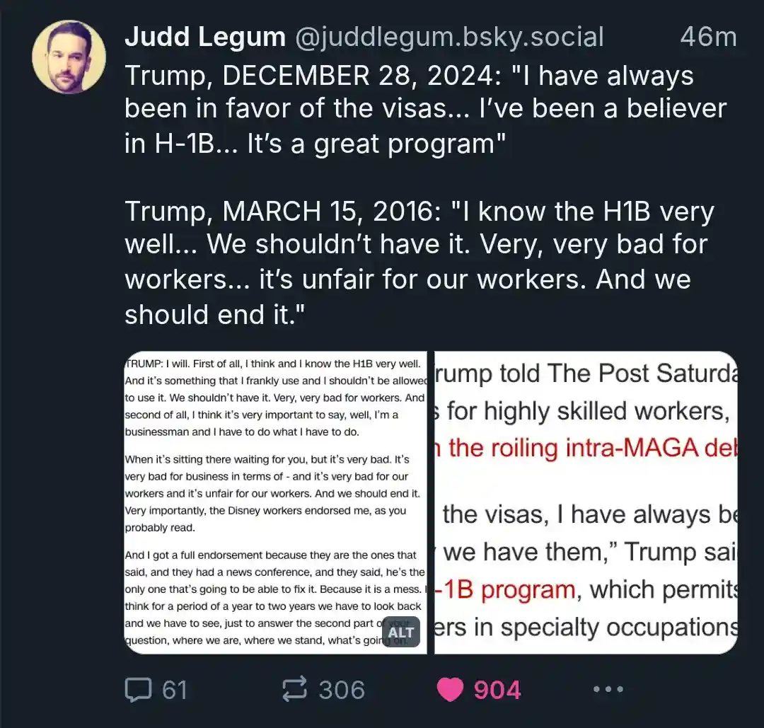 A social media post by Judd Legum displays two contrasting quotes attributed to Donald Trump. The first, dated December 28…