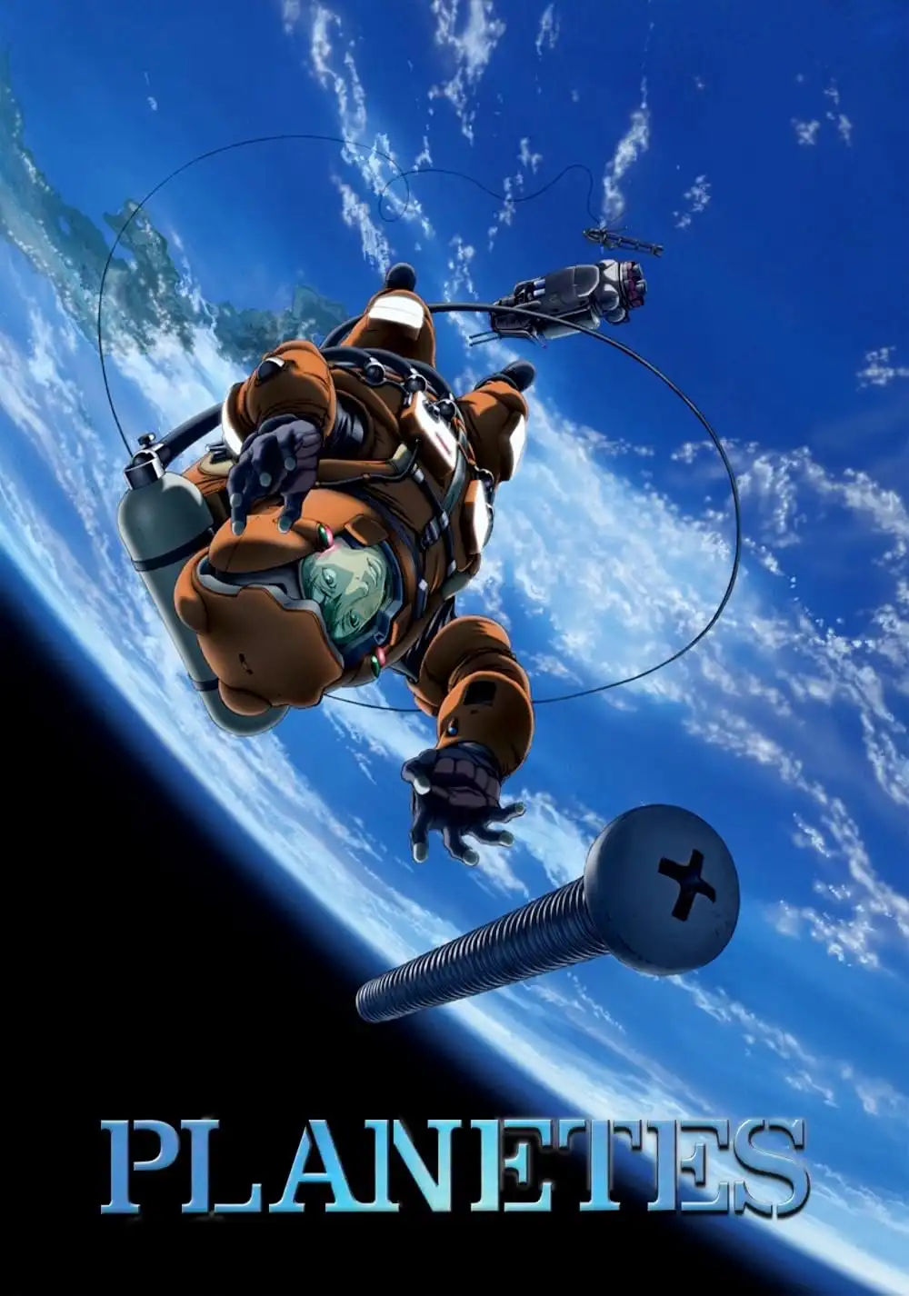 An anime poster shows a space-suited astronaut floating in orbit above Earth, tethered to a small spacecraft, with a giant…